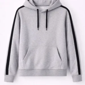 Alternative view of Erkek Şeritli Kapüşonlu Sweatshirt Oversize 3 Iplik Pamuklu - Gri