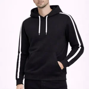 Erkek Şeritli Kapüşonlu Sweatshirt Oversize 3 Iplik Pamuklu - Siyah
