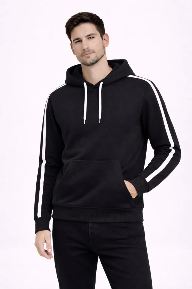Erkek Şeritli Kapüşonlu Sweatshirt Oversize 3 Iplik Pamuklu - Siyah - Görsel 5