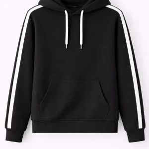 Alternative view of Erkek Şeritli Kapüşonlu Sweatshirt Oversize 3 Iplik Pamuklu - Siyah