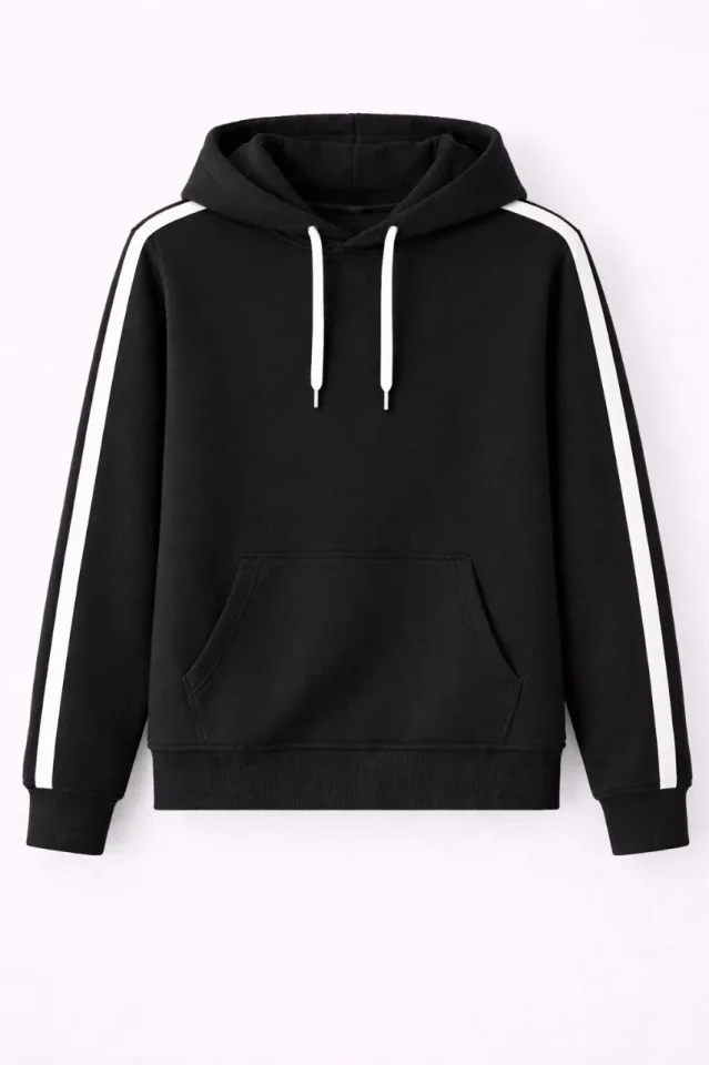 Erkek Şeritli Kapüşonlu Sweatshirt Oversize 3 Iplik Pamuklu - Siyah - Görsel 2