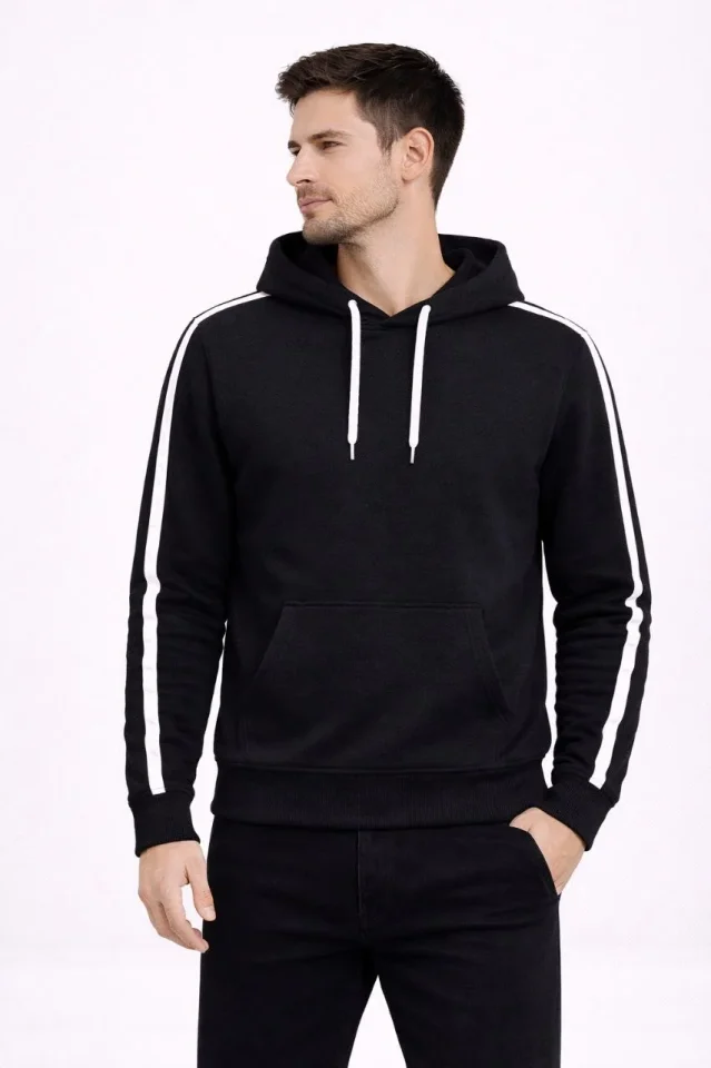 Erkek Şeritli Kapüşonlu Sweatshirt Oversize 3 Iplik Pamuklu - Siyah - Görsel 4