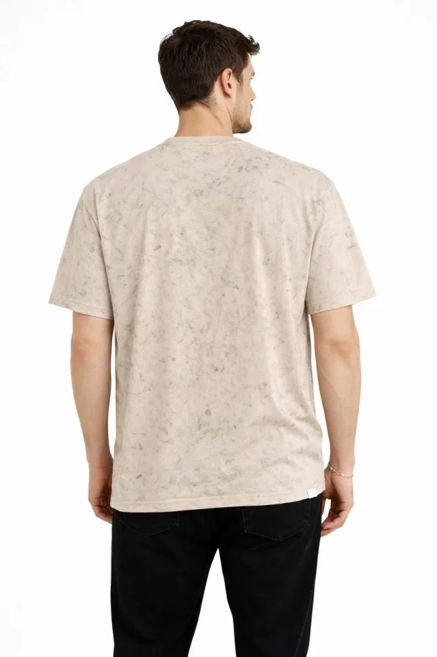 Erkek Asit Yıkama Bisiklet Yaka Kısa Kollu Oversize T-Shirt Tişört - Bej - Görsel 2