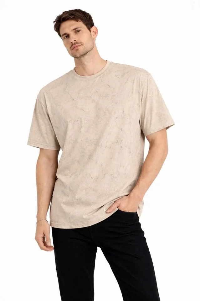 Erkek Asit Yıkama Bisiklet Yaka Kısa Kollu Oversize T-Shirt Tişört - Bej - Görsel 4