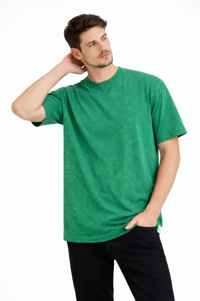 Erkek Asit Yıkama Bisiklet Yaka Kısa Kollu Oversize T-Shirt Tişört - Yeşil - Görsel 5
