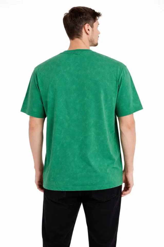 Erkek Asit Yıkama Bisiklet Yaka Kısa Kollu Oversize T-Shirt Tişört - Yeşil - Görsel 2