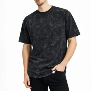 Erkek Asit Yıkama Bisiklet Yaka Kısa Kollu Oversize T-Shirt Tişört - Siyah