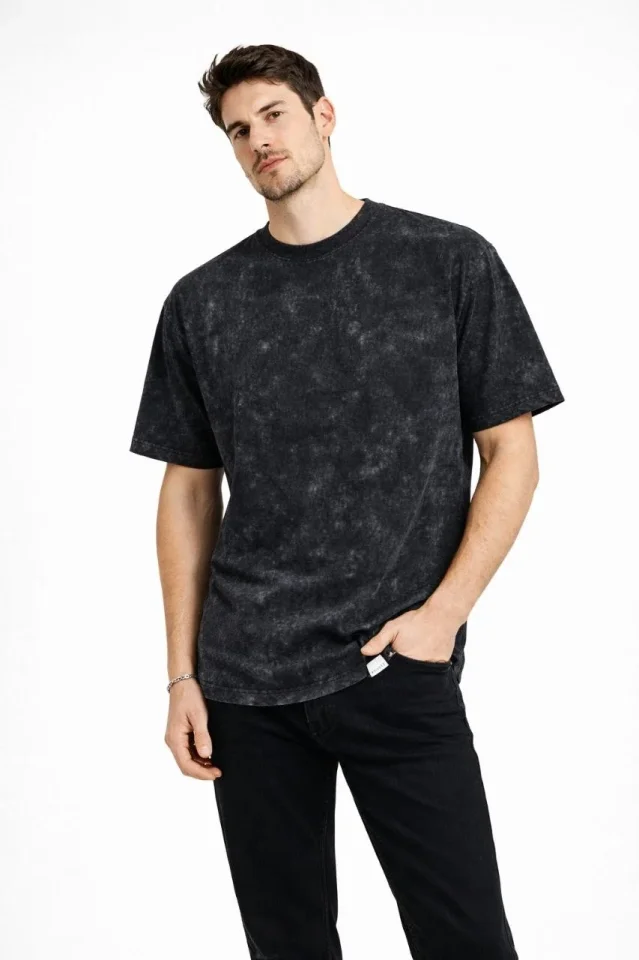 Erkek Asit Yıkama Bisiklet Yaka Kısa Kollu Oversize T-Shirt Tişört - Siyah - Görsel 5