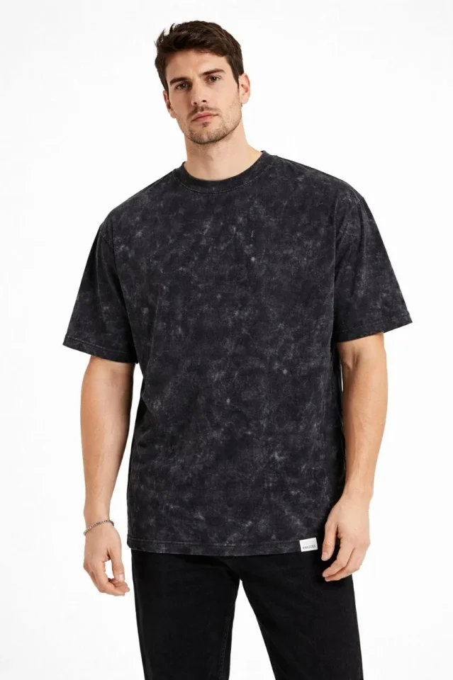 Erkek Asit Yıkama Bisiklet Yaka Kısa Kollu Oversize T-Shirt Tişört - Siyah - Görsel 3