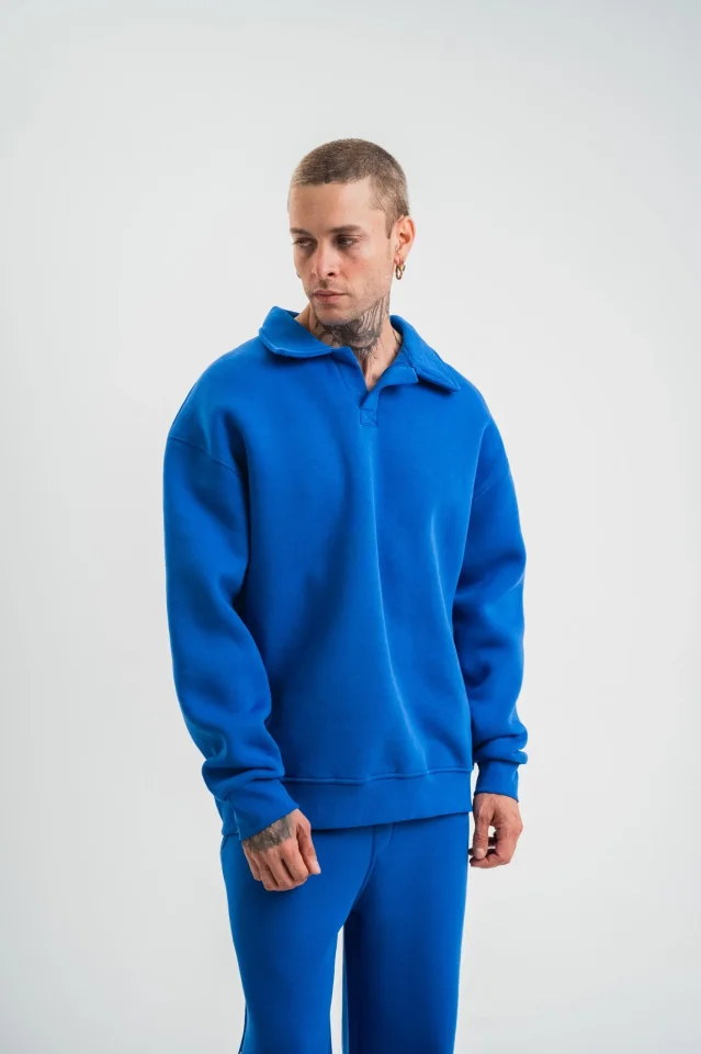 Erkek Patlı Yaka Üç İplik Pamuklu Sweatshirt Double Oversize Rahat Kalıp Günlük Kullanım - Mavi - Görsel 5
