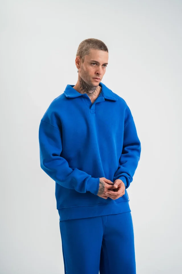 Erkek Patlı Yaka Üç İplik Pamuklu Sweatshirt Double Oversize Rahat Kalıp Günlük Kullanım - Mavi - Görsel 2