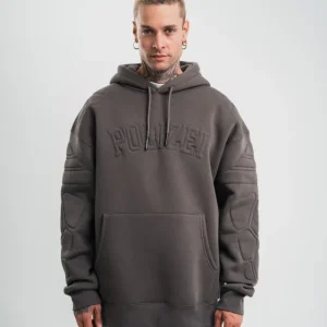 Erkek Nakış İşlemeli Kapşonlu Antrasit Sweatshirt Üç İplik Double Oversize- Füme