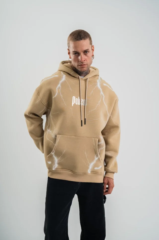 Erkek Şimşek Baskılı Kapşonlu Sweatshirt Üç İplik Pamuklu Kanguru Cepli Double Oversize Hoodie - Bej - Görsel 5