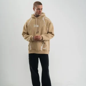 Alternative view of Erkek Şimşek Baskılı Kapşonlu Sweatshirt Üç İplik Pamuklu Kanguru Cepli Double Oversize Hoodie - Bej