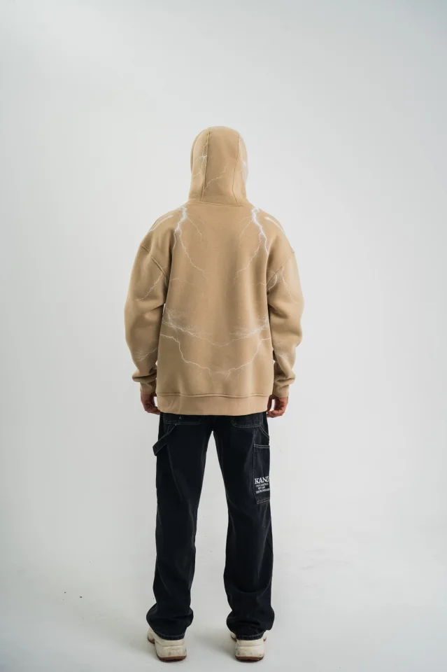 Erkek Şimşek Baskılı Kapşonlu Sweatshirt Üç İplik Pamuklu Kanguru Cepli Double Oversize Hoodie - Bej - Görsel 4