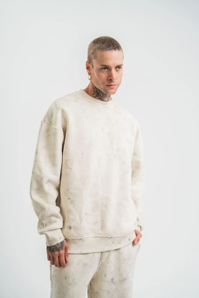 Erkek 3 İplik Pamuklu Yağ Yıkamalı Sweatshirt Double Oversize Bisiklet Yaka Uzun Kol - Krem - Görsel 5