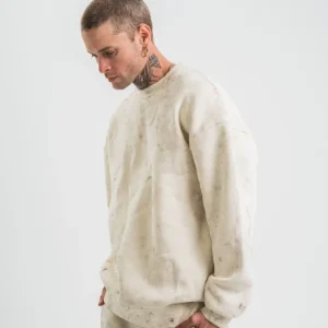 Alternative view of Erkek 3 İplik Pamuklu Yağ Yıkamalı Sweatshirt Double Oversize Bisiklet Yaka Uzun Kol - Krem