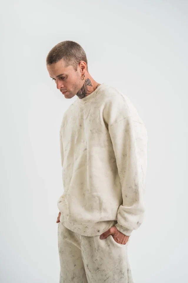 Erkek 3 İplik Pamuklu Yağ Yıkamalı Sweatshirt Double Oversize Bisiklet Yaka Uzun Kol - Krem - Görsel 2