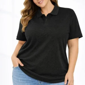 Pike Kumaş Düğmeli Yaka Battal Büyük Beden Günlük Kısa Kol Tişört T-shirt - Siyah