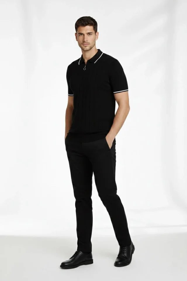 Erkek Fermuarlı Yaka Fitilli Triko Kısa Kollu Regular Fit Tişört T-shirt - Siyah - Görsel 2