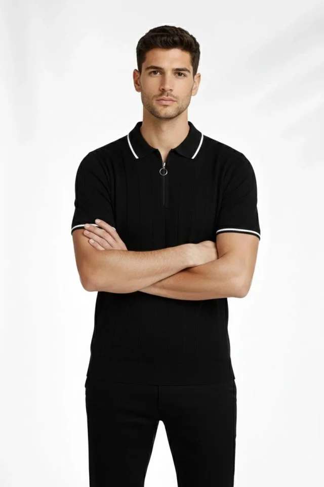 Erkek Fermuarlı Yaka Fitilli Triko Kısa Kollu Regular Fit Tişört T-shirt - Siyah - Görsel 3