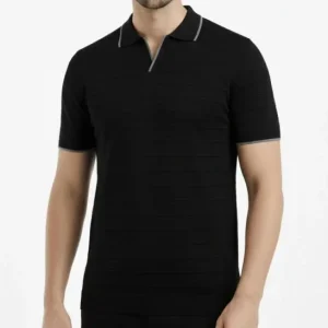 Alternative view of Erkek Triko Kumaş Yakalı Düğmesiz Açık Yaka Fitilli Kısa Kollu Regular Fit Tişört T-shirt - Siyah