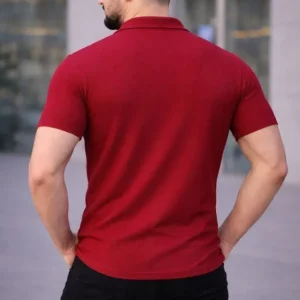 Alternative view of Erkek Waffle Kumaş Kısa Kollu Düğmeli Açık Yaka Regular Fit Gömlek - Kırmızı