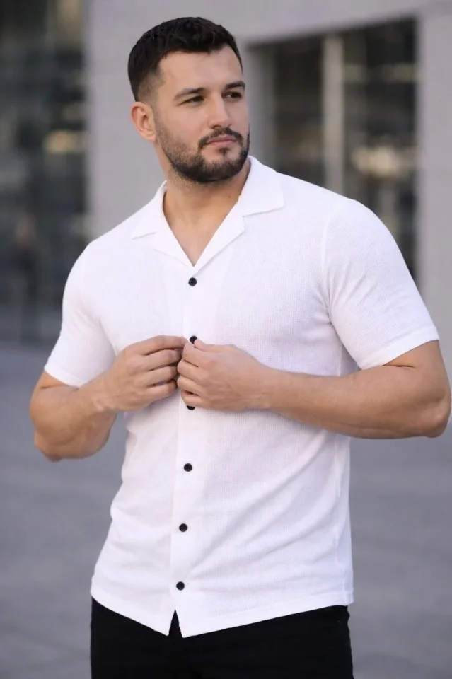 Erkek Waffle Kumaş Kısa Kollu Düğmeli Açık Yaka Regular Fit Gömlek - Beyaz - Görsel 3