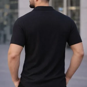Alternative view of Erkek Waffle Kumaş Kısa Kollu Düğmeli Açık Yaka Regular Fit Gömlek - Siyah
