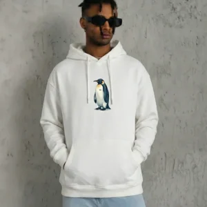 Alternative view of Siyah Oversize Hoodie - Sırt Baskılı Survivor Penguin Temalı, Felsefi Yazılı Kapüşonlu Sweatshirt - Beyaz