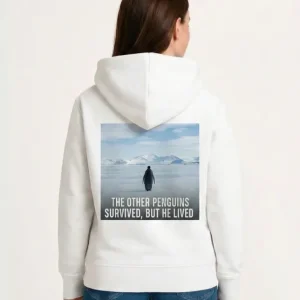 Alternative view of Oversize Hoodie - Sırt Baskılı Survivor Penguin Temalı, Felsefi Yazılı Kapüşonlu Sweatshirt - Beyaz