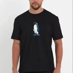Erkek Oversize Tişört - Sırt Baskılı Survivor Penguin Temalı, Felsefi Yazılı Bisiklet Yaka Tişört - Siyah