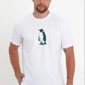 Alternative view of Erkek Oversize Tişört - Sırt Baskılı Survivor Penguin Temalı, Felsefi Yazılı Bisiklet Yaka Tişört - Beyaz