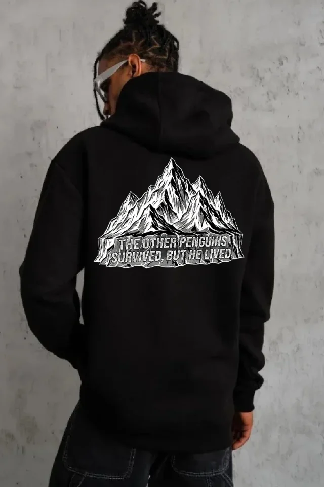 Erkek Nihilist Penguen Temalı Oversize Kapüşonlu Sweatshirt - Siyah - Görsel 3