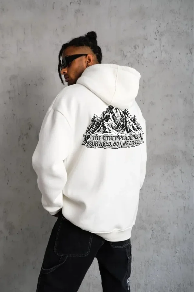Erkek Nihilist Penguen Temalı Oversize Kapüşonlu Sweatshirt - Beyaz - Görsel 2