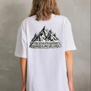 Nihilist Penguen Temalı Oversize Bisiklet Yaka Tişört - Beyaz