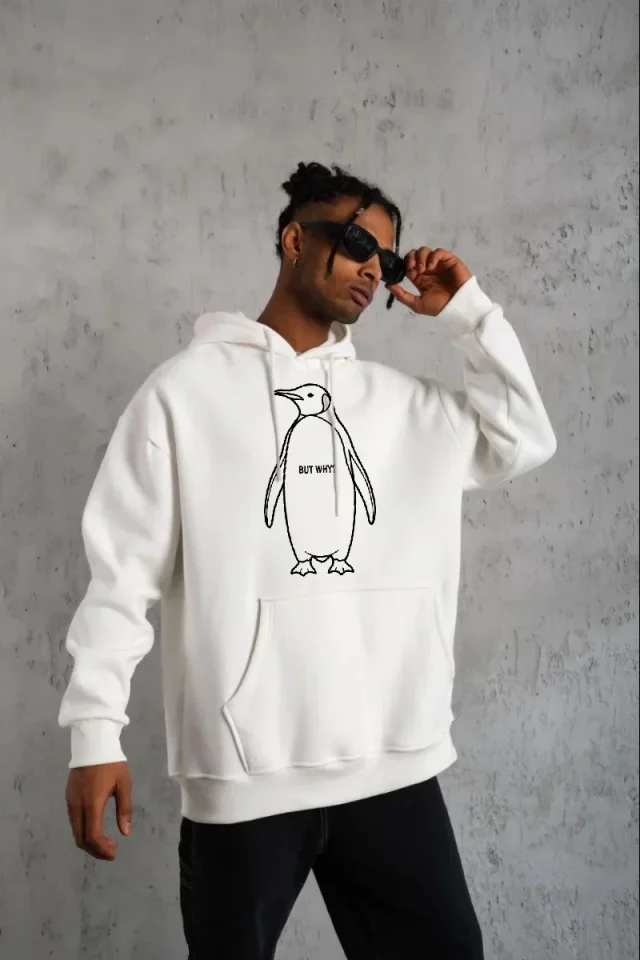 Erkek Nihilist Penguen Özel Tasarım Oversize Kapüşonlu Sweatshirt - Beyaz - Görsel 3