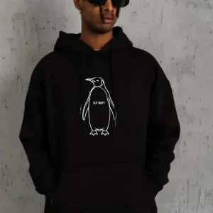Alternative view of Erkek Nihilist Penguen Özel Tasarım Oversize Kapüşonlu Sweatshirt - Siyah