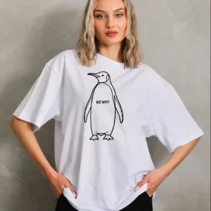 Alternative view of Nihilist Penguen Özel Tasarım Oversize Bisiklet Yaka Tişört - Beyaz