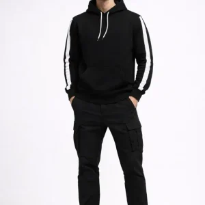 Erkek Şeritli Kapüşonlu Sweatshirt Oversize 3 Iplik Pamuklu - Siyah