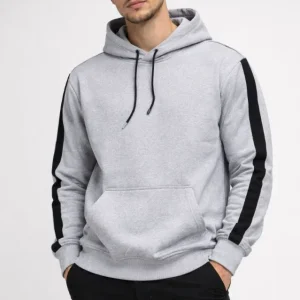 Erkek Şeritli Kapüşonlu Sweatshirt Oversize 3 Iplik Pamuklu - Beyaz