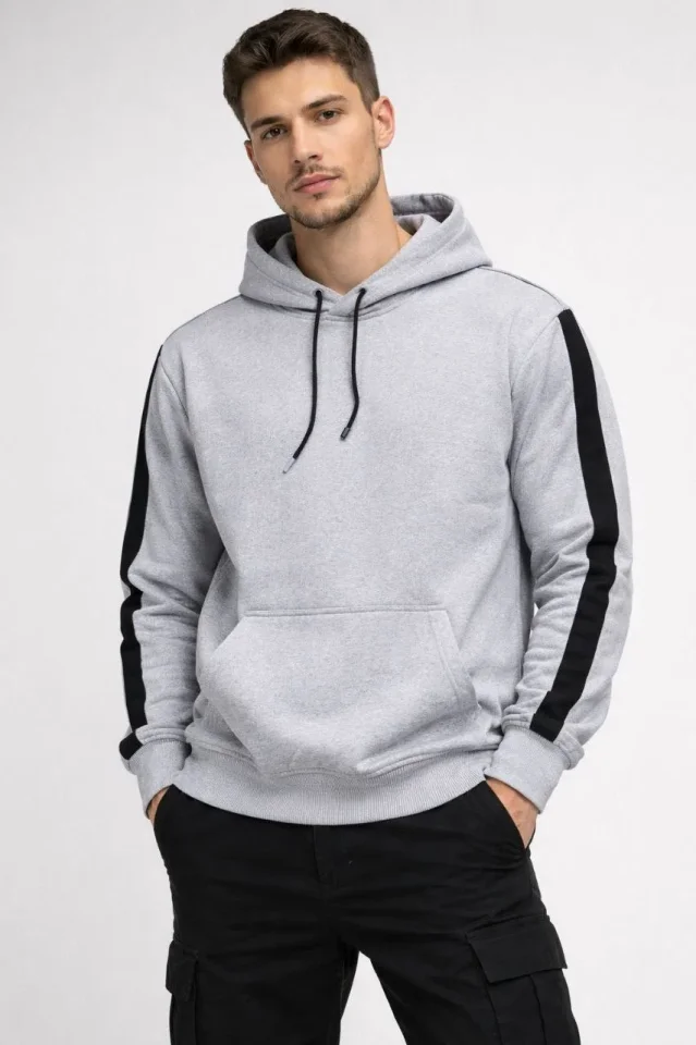 Erkek Şeritli Kapüşonlu Sweatshirt Oversize 3 Iplik Pamuklu - Beyaz - Görsel 5