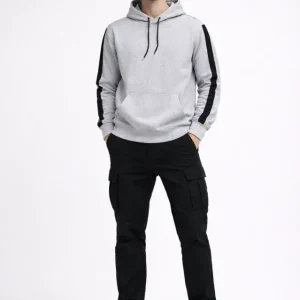 Alternative view of Erkek Şeritli Kapüşonlu Sweatshirt Oversize 3 Iplik Pamuklu - Beyaz
