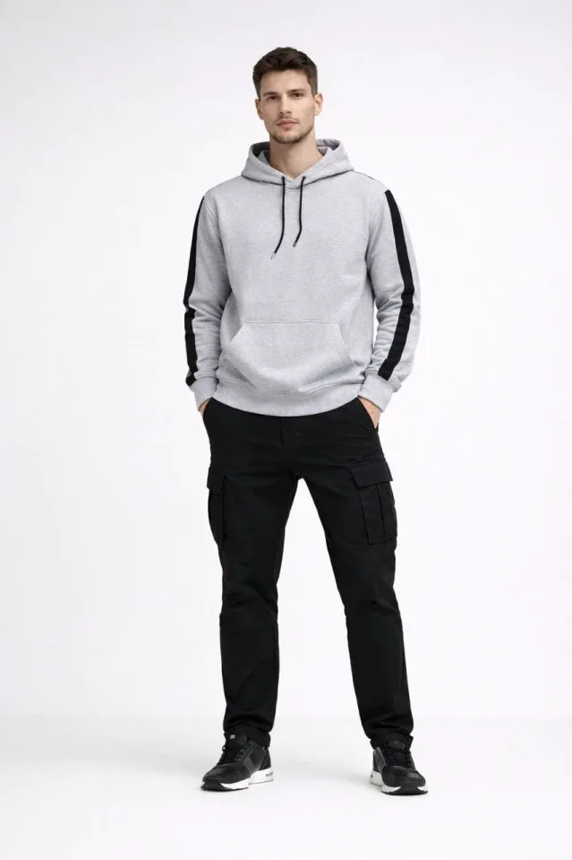 Erkek Şeritli Kapüşonlu Sweatshirt Oversize 3 Iplik Pamuklu - Beyaz - Görsel 2