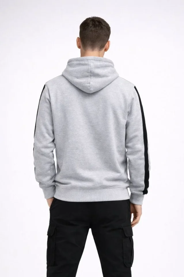 Erkek Şeritli Kapüşonlu Sweatshirt Oversize 3 Iplik Pamuklu - Beyaz - Görsel 4