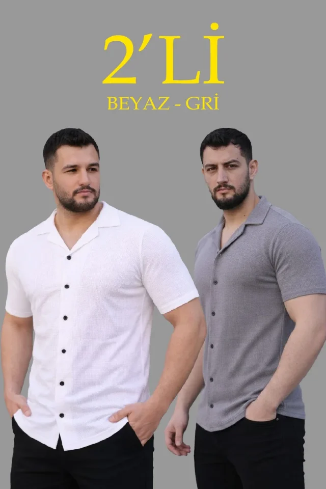 Erkek Waffle Dokuma Açık Yakalı Düğmeli Regular Kalıp 2’li Gömlek Seti - Beyaz - Gri - Görsel 5