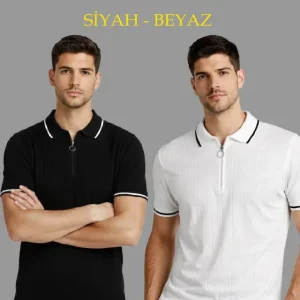 Erkek 2’li Paket Dokuma Triko  Fermuarlı Yakalı Fitilli Kısa Kollu Regular Fit Tişört - Beyaz - Siyah