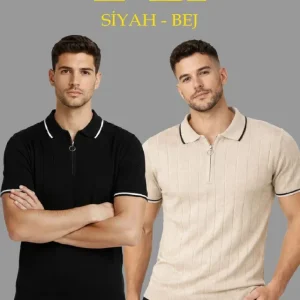 Erkek 2’li Paket Dokuma Triko  Fermuarlı Yakalı Fitilli Kısa Kollu Regular Fit Tişört - Bej - Siyah