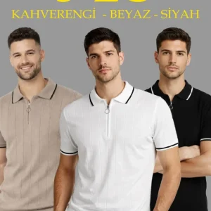 Erkek 3’lü Paket Dokuma Triko  Fermuarlı Yakalı Fitilli Kısa Kollu Regular Fit Tişört - Kahverengi, Beyaz, Siyah