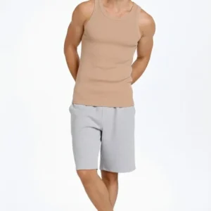 Alternative view of Erkek Fitilli Atlet Sıfır Yaka Slim Fit Arka Baskılı Spor Atlet - Bej